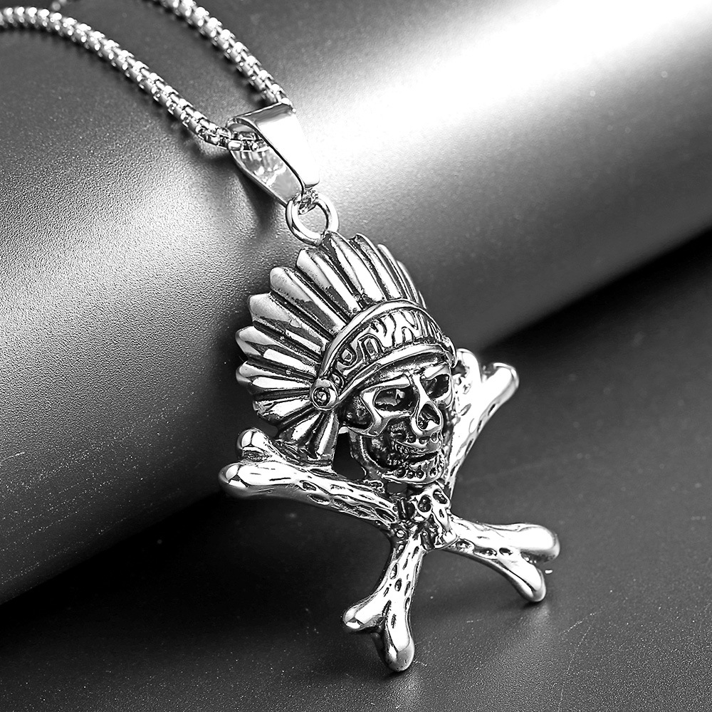欧美朋克印第安人骷髅酋长钛钢个性男女项链鬼头骨架吊坠潮人配饰