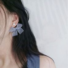 简约韩国耳饰品 甜美珍珠灰色网纱蝴蝶结气质耳钉女韩版耳环耳夹