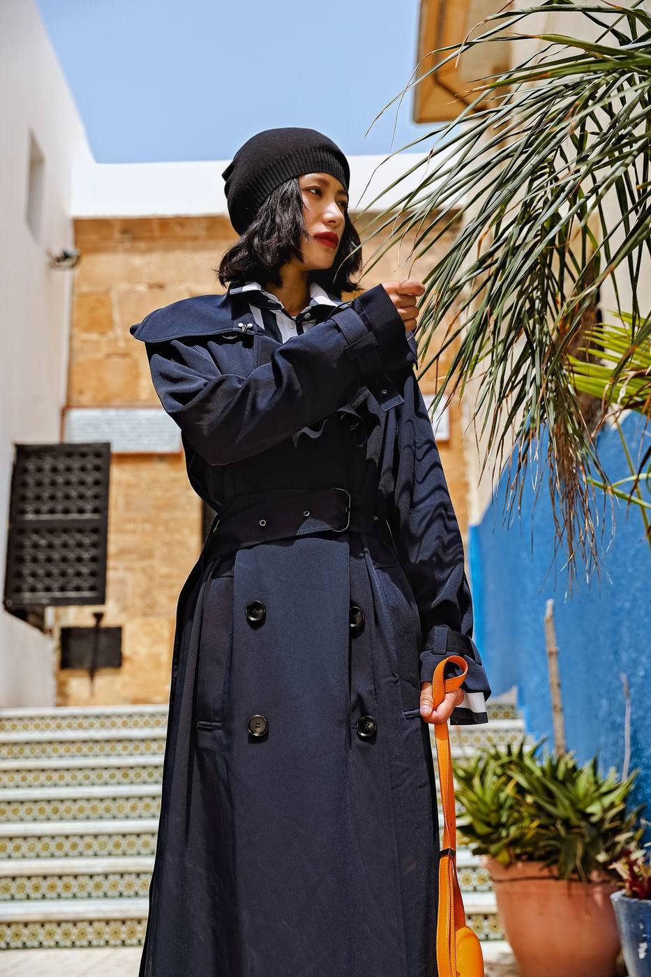 2018原创品牌aki重磅定染长款风衣女秋冬新款翻领系带收腰显瘦