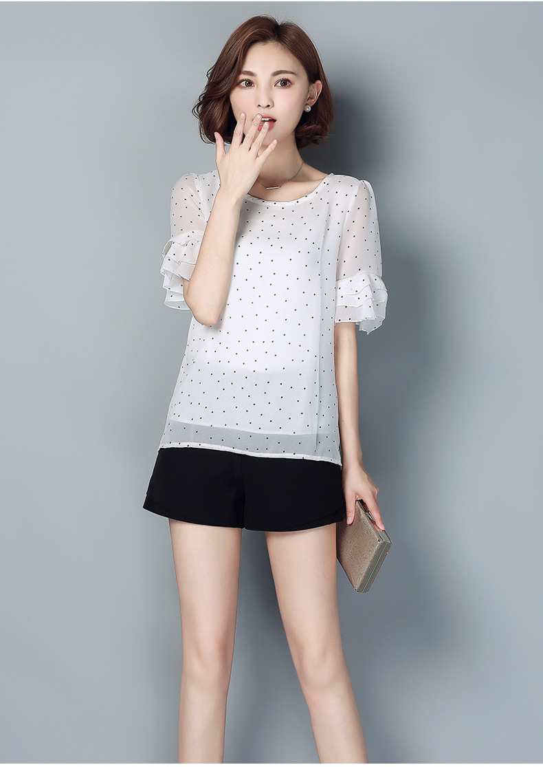 夏季女装新款韩版宽松喇叭袖雪纺衫 波点圆领短袖打底衫