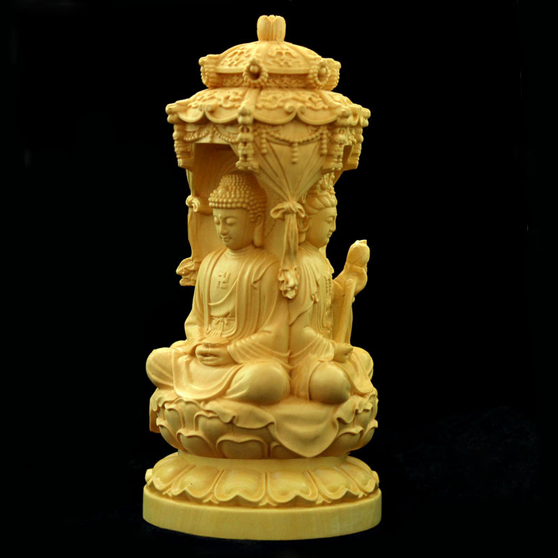 乐清黄杨木雕坐莲花西方三圣人物佛像实木雕刻三面佛礼佛家居摆件