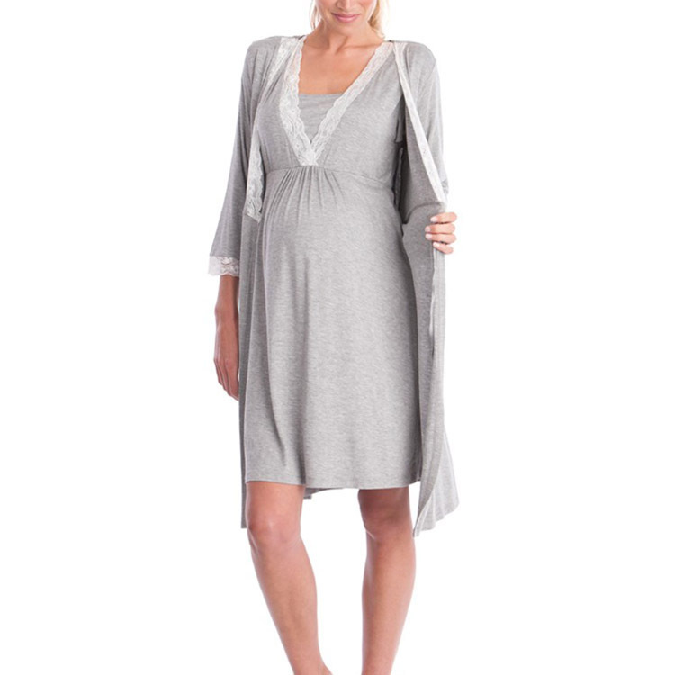 Cross-Border Supply 2018 Hot Sale in Europe and America Fashion Lace Stitching 3/4 Sleeve Maternity Dress Robe Sleepwear