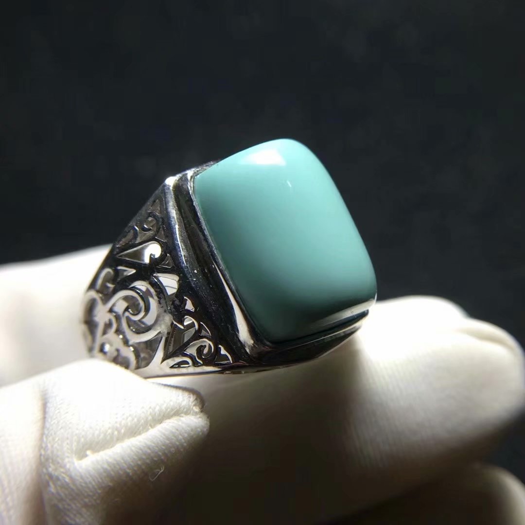 原矿高瓷秦古果冻料绿松石方形戒指 干净无线 盘玩玉化 925银镶嵌