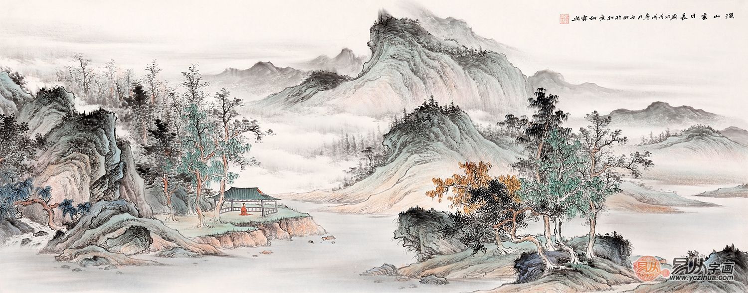 仿古装饰画 李佩锦新品六尺横幅山水画《溪山春日长》  (正在【易从网
