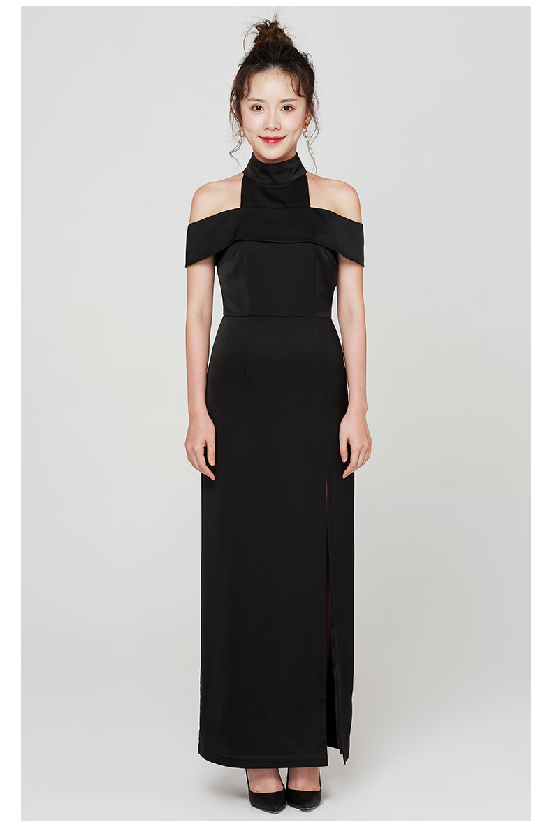 黑色礼服长裙晚礼服生日派对连衣裙一字肩挂脖连衣裙礼服女63729