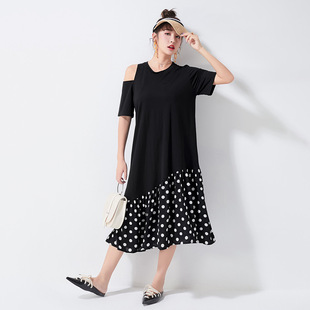 短袖过膝t裙拼接波点裙子长款大码韩版露肩连衣裙夏季女2018新款