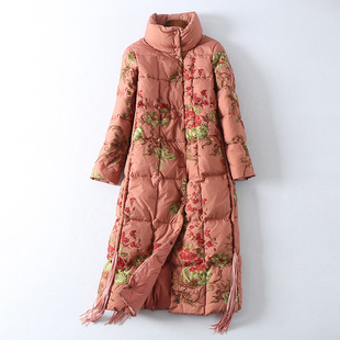 民族风单排扣流苏复古刺绣长款过膝大码加厚花羽绒服女2018新款潮
