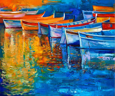 油画风格海边码头小船钻石画