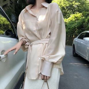 衬衫女港风温柔香槟色系带不规则衬衣上衣 0809-3