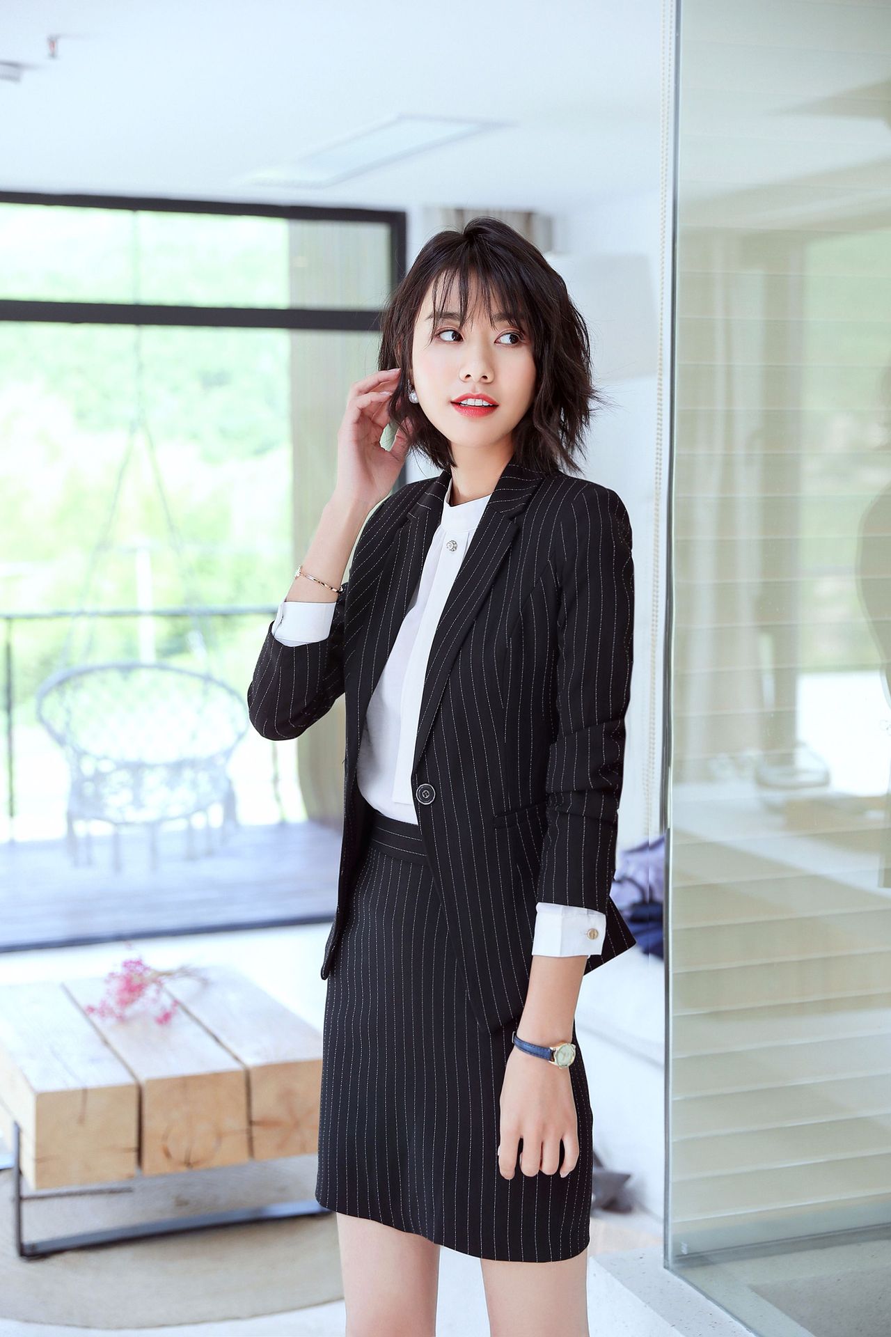 冬季长袖条纹粘仟职业装女士套裤西装 时尚大码经理工作服