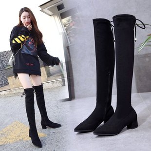 过膝长靴女高跟鞋冬季韩版尖头粗跟百搭性感黑色弹力靴绑带长筒靴