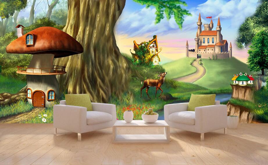 定制无纺布墙纸梦幻童话森林动物城堡儿童房游乐园全屋背景墙壁画