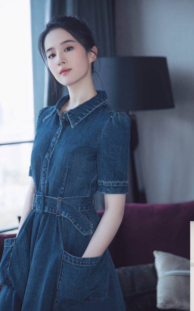 明星刘亦菲同款2018早秋新款欧美修身显瘦中长款a字牛仔连衣裙女