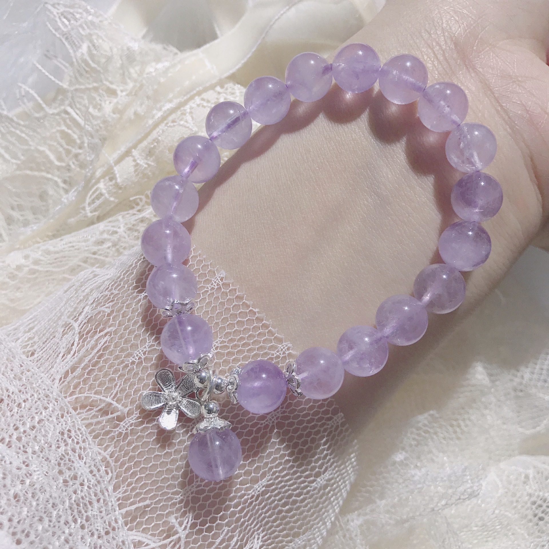 批发水晶手链天然薰衣草紫水晶手链银饰花朵手工diy手饰品女士