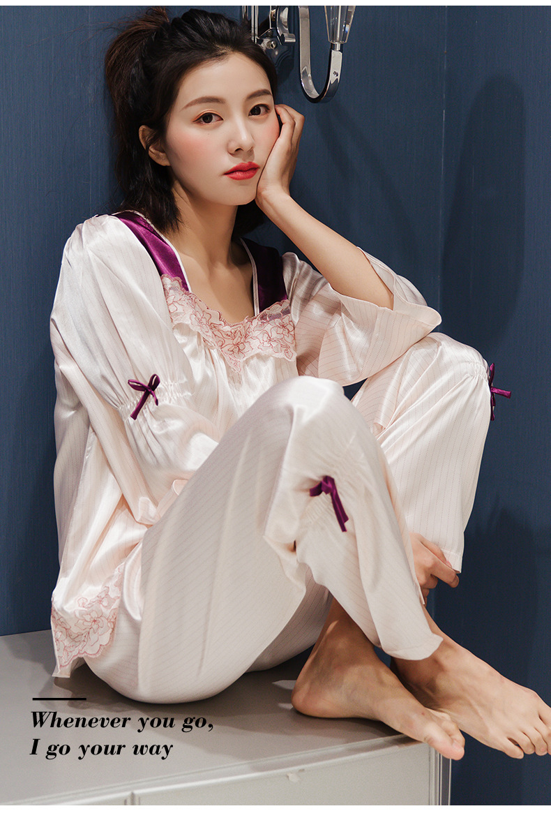 南韩丝睡衣女套装丝绸两件套家居服女夏季春秋女士睡衣女秋套装