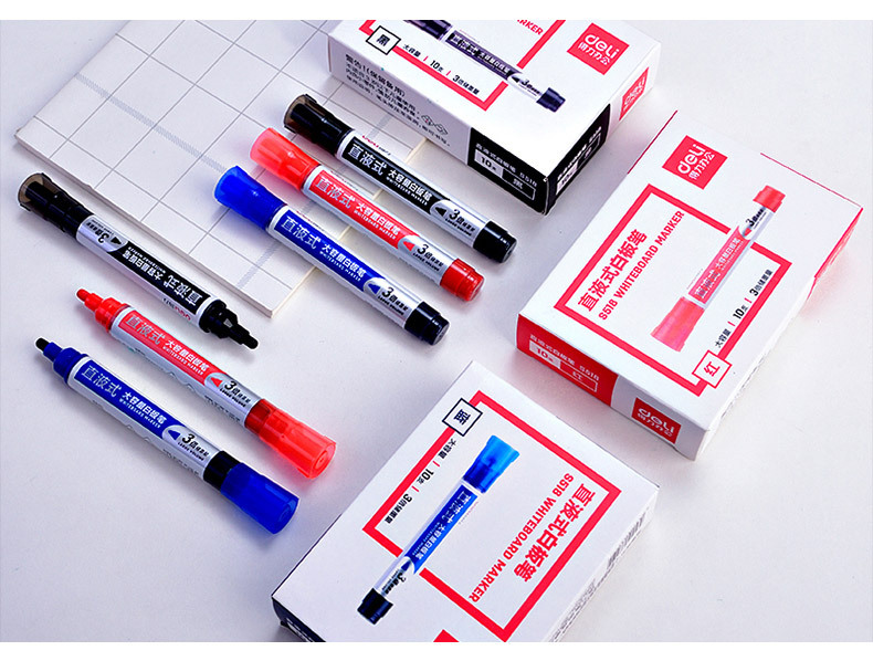 得力s518直液式白板笔3倍储墨红蓝黑色大容量彩色画板笔家用办公