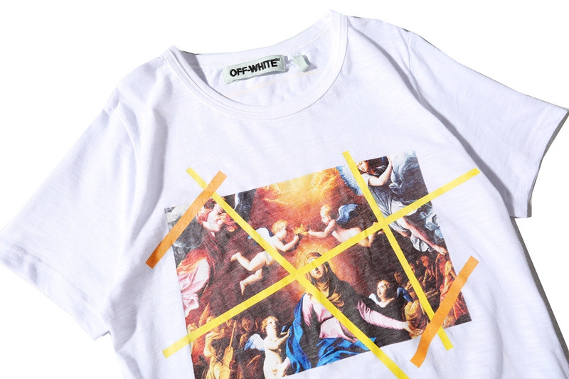 潮牌off white宗教圣母油画t恤 欧美复古圆领短袖纯棉套头男士短t