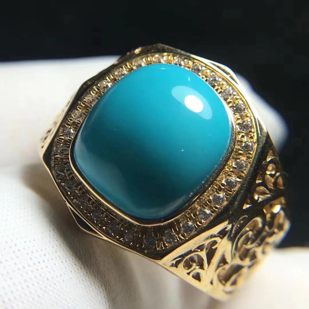 天然原矿湖北高瓷蓝果冻料绿松石戒指 18k金镶嵌绿松石男士戒指