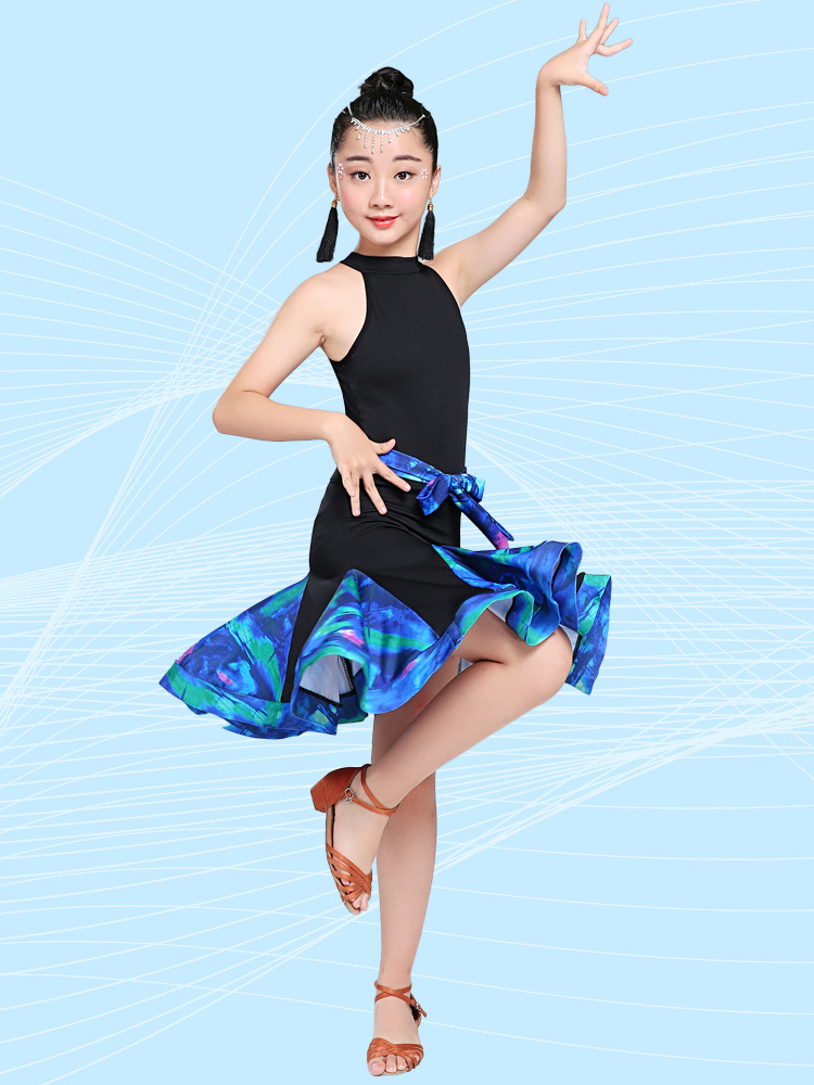 新款专业女童拉丁舞演出服练功服舞蹈服比赛服儿童考级跳舞裙蕾丝