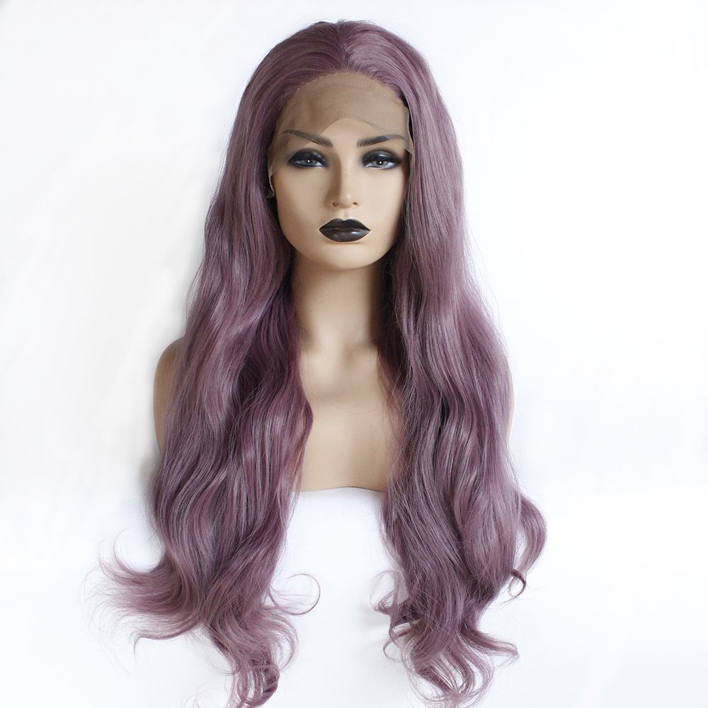 欧美时尚化纤高温丝假发紫色长卷发手钩前蕾丝头套现货量大从优