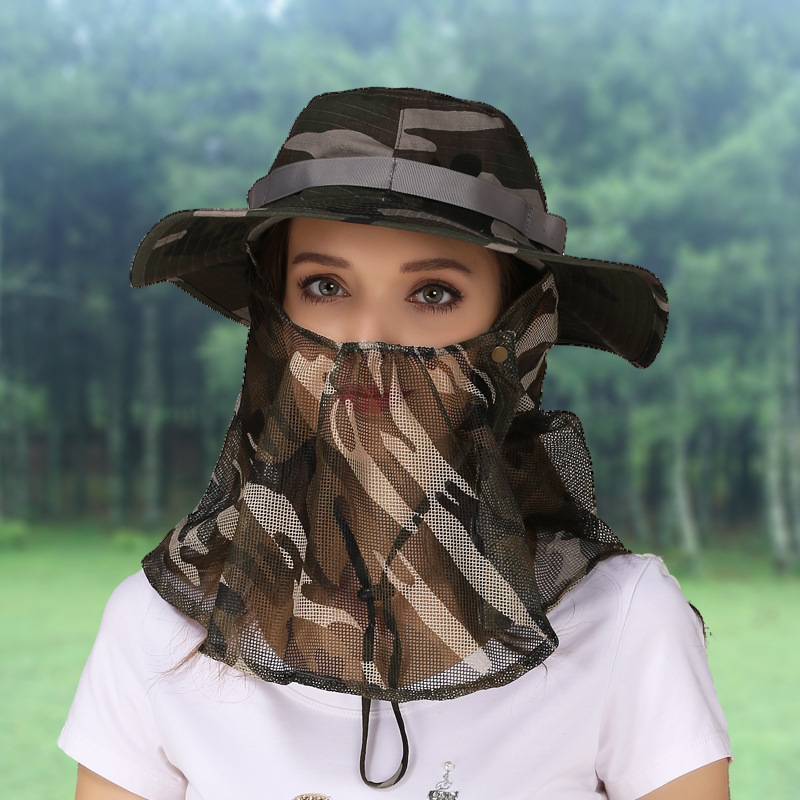可收纳护脖迷彩帽360度全包围透气军迷防晒防蚊钓鱼丛林帽蚊帐帽
