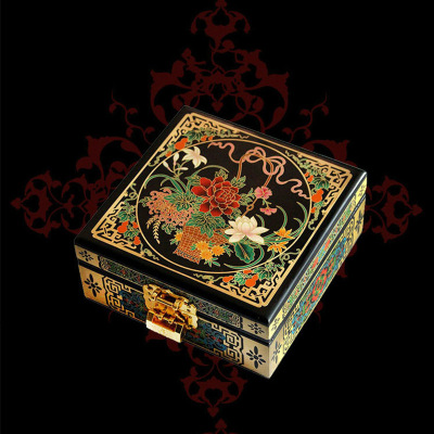 山西平遥推光漆器收纳箱首饰盒 黑花蓝山西特色礼品