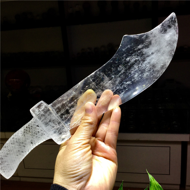 东海水晶 天然白水晶茶水晶雕刻宝刀一把屠龙刀风水摆件