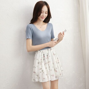 夏季女装2018印花雪纺半身裙带安全裤防走光大裙摆碎花小清新短裙