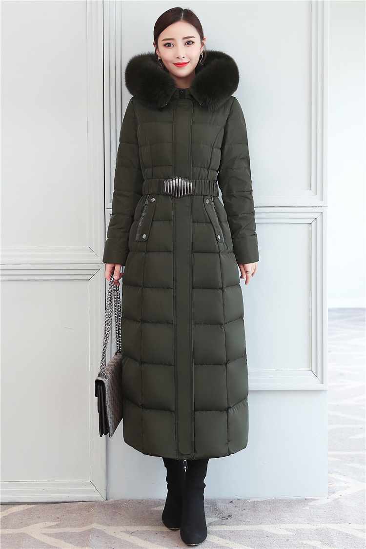 批发真狐狸大毛领超长加厚长款羽绒服女加长过膝修身显瘦版腰带款