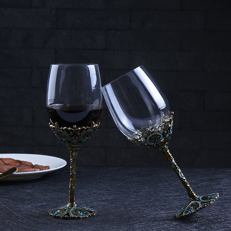 新款珐琅彩雕花红酒杯高档商务送礼高脚杯生日礼物定制厂家批发