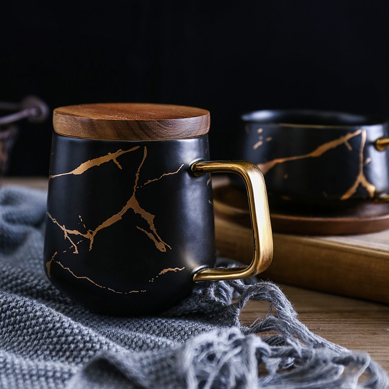 Marble Pattern Matte Gold Coffee Cup Japanese Style Black Platinum Pattern Ceramic Cup Mug with Wooden Plate Cup and Saucer