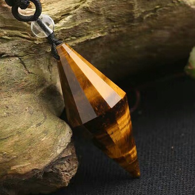 天然水晶虎眼石双尖灵摆吊坠六棱柱切面男女款饰品虎睛石项坠时尚