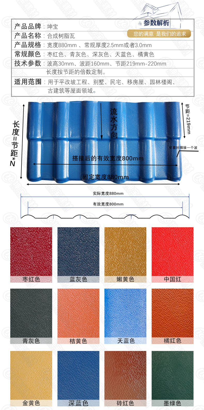 树脂瓦塑料别墅顶屋面瓦隔热仿古琉璃瓦片合成树脂瓦厂
