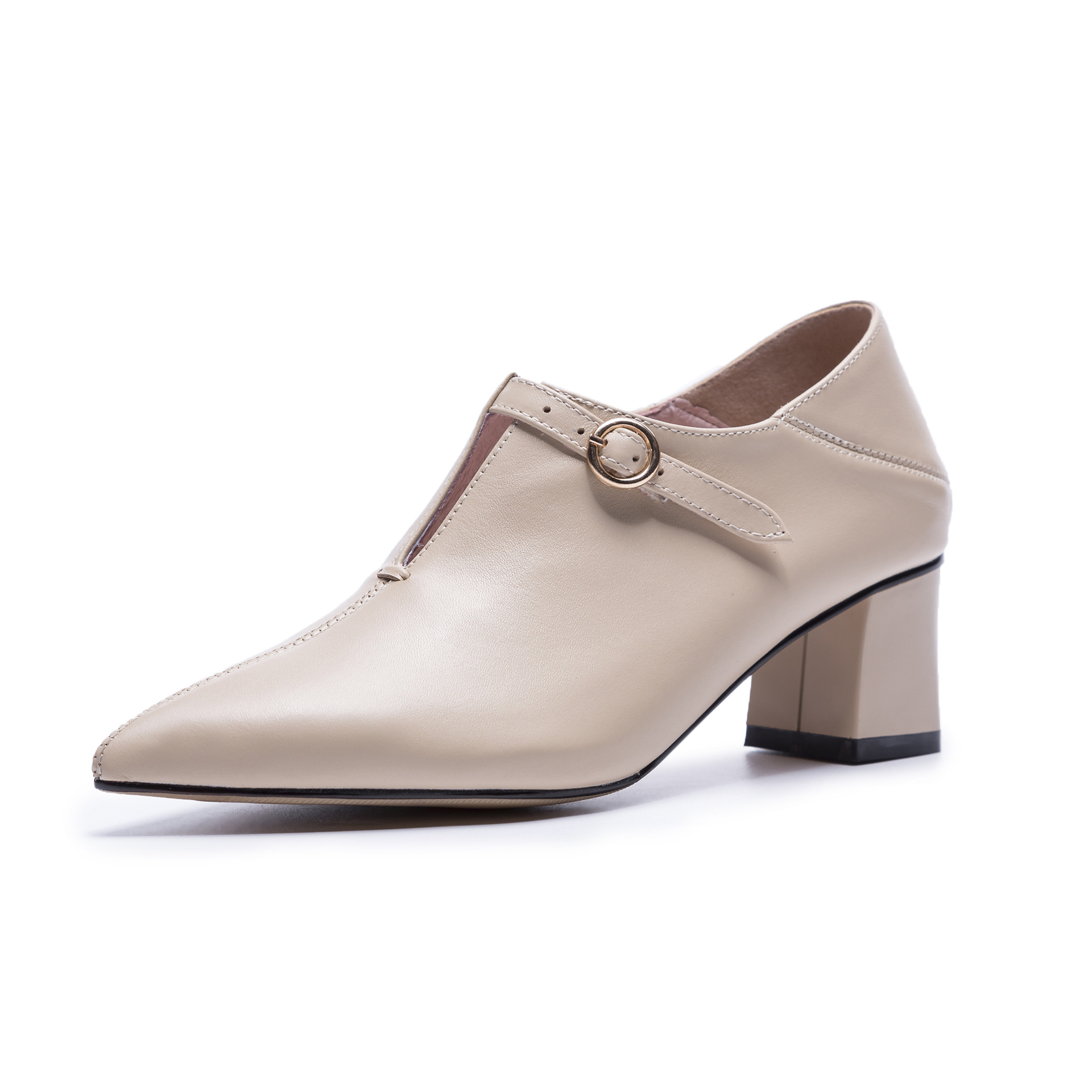 2018秋季新款尖头粗跟黑色小皮鞋高跟深口女士女鞋v口单鞋百搭潮