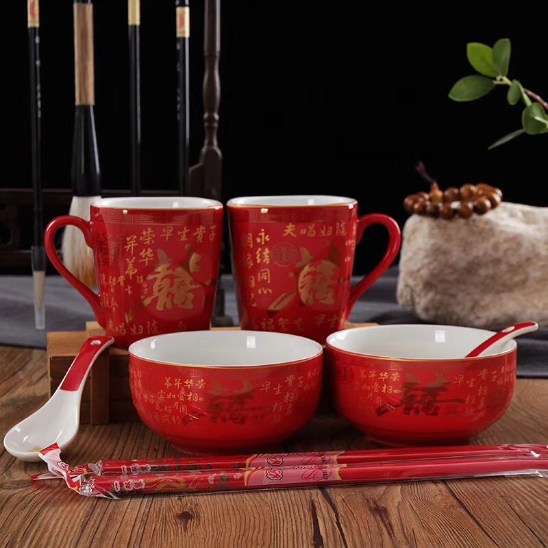 红色碗筷套装婚庆喜碗新人陪嫁用品婚礼道具 婚釉喜碗