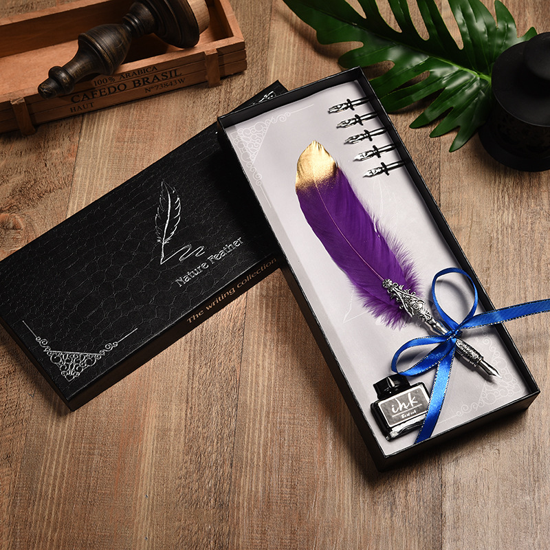 Creative European Retro Feather Pen Birthday Gift Business Signature Pen Stainless Steel Dipped in Water Pen Kit Wholesale