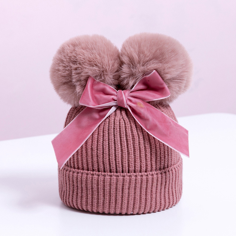 Double Ball Bowknot Cross-Border Preferred Baby Cap Wool Children's Hat Autumn and Winter Thickening Baby Hat Children's Knitted Hat