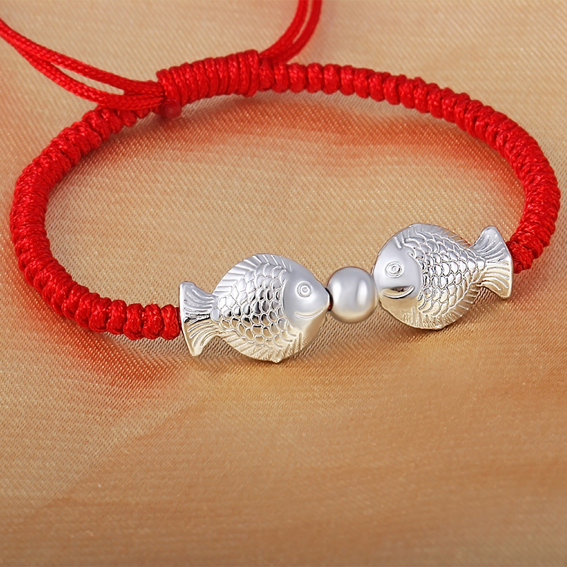 925纯银亲嘴鱼红绳手链 中国风时尚银饰品批发 情侣饰品 天猫热卖