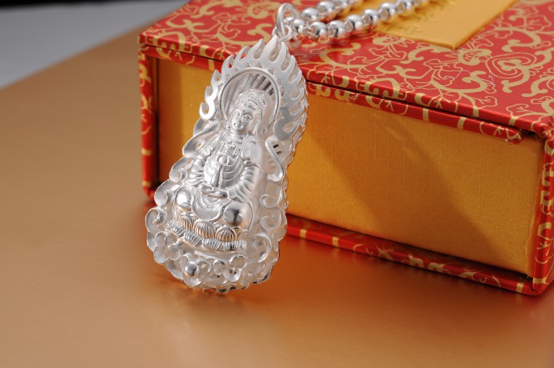 足银999纯银观音吊坠男士菩萨挂坠吊牌手工银饰链坠