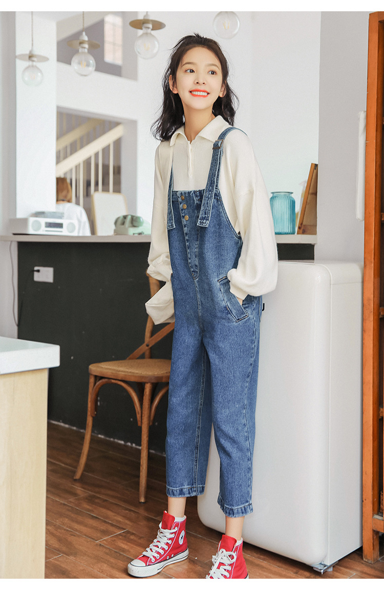 阔腿牛仔背带裤秋冬2018新款宽松韩版 学生森女系连体裤