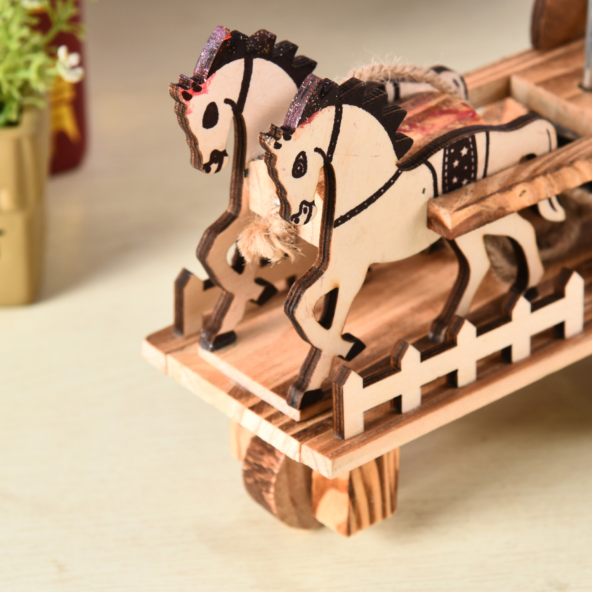 景区热卖木制音乐双马车轿厢带音乐儿童益智玩具马车木质家居摆件