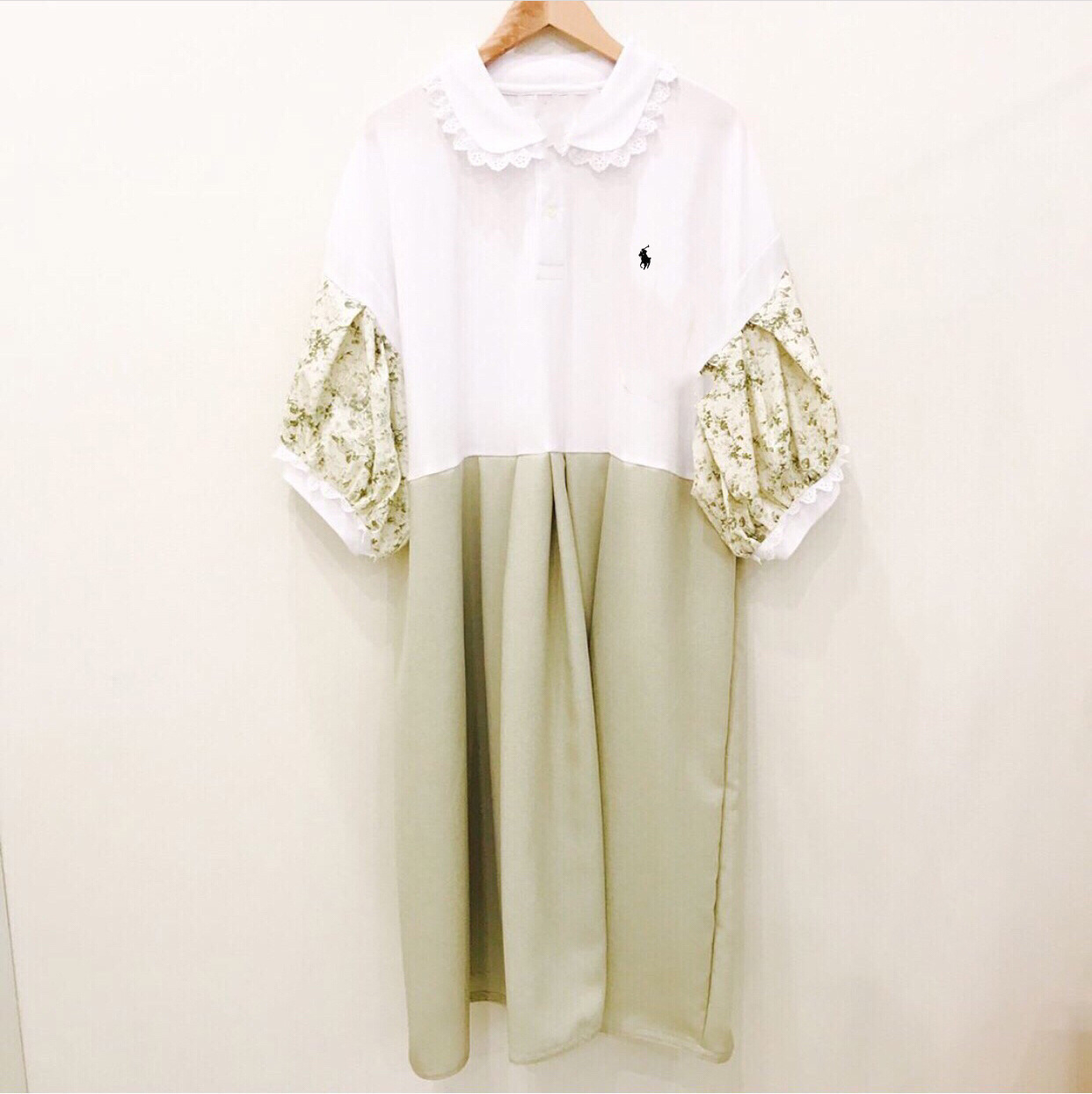 夏纯色刺绣小马拼接remake花朵连衣裙