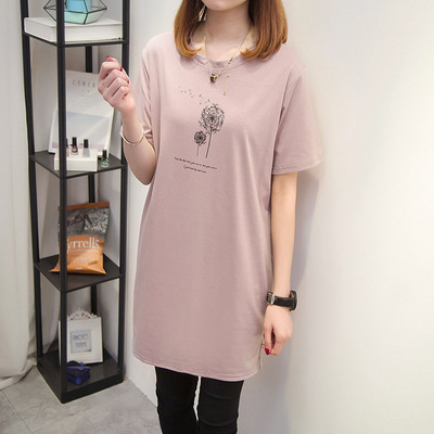 中长款短袖t恤衫女学生bf风宽松简约百搭中长裙