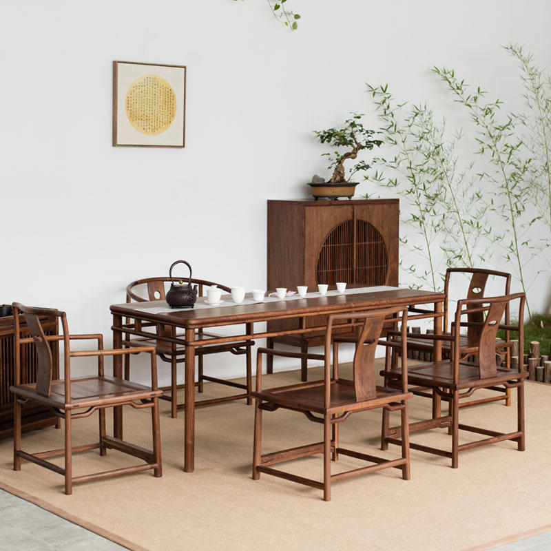 新中式茶台 禅意老榆木茶桌 家用客厅实木茶台 办公用实木茶桌椅