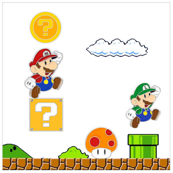 超级玛丽玛里奥马丽路易蘑菇问号砖头金币合金属饰品衣领胸针徽章