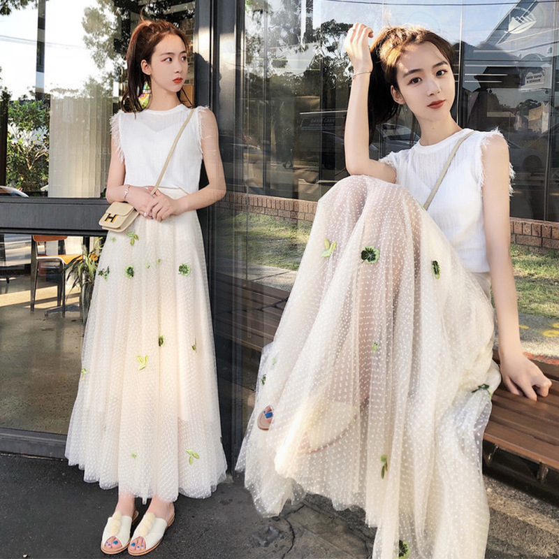 2018夏装新款女神范港风两件套小心机套装女潮时髦chic网纱裙套装