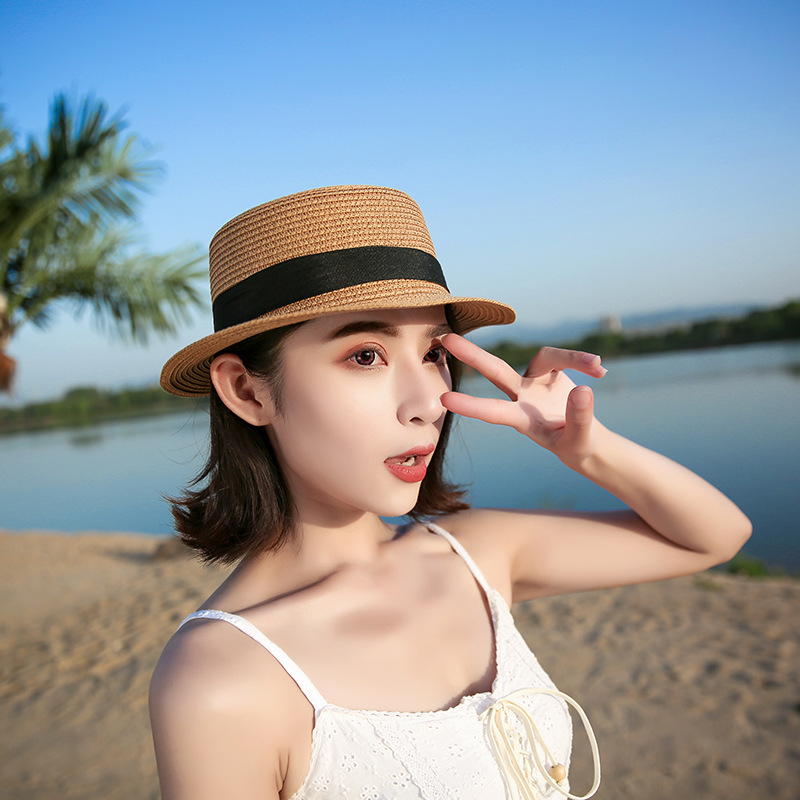 Foreign Trade Dome British Bowler Hat Flat-Brimmed Cap Straw Sun Protection Fashion Straw Hat Bow Summer Sun Hat