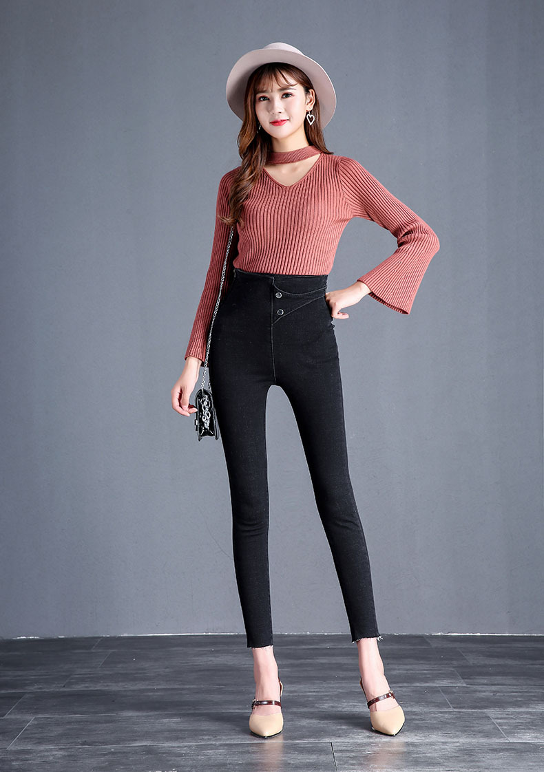 高腰牛仔裤女2018秋新款弹力黑色九分小脚裁边牛仔裤女裤工厂直销