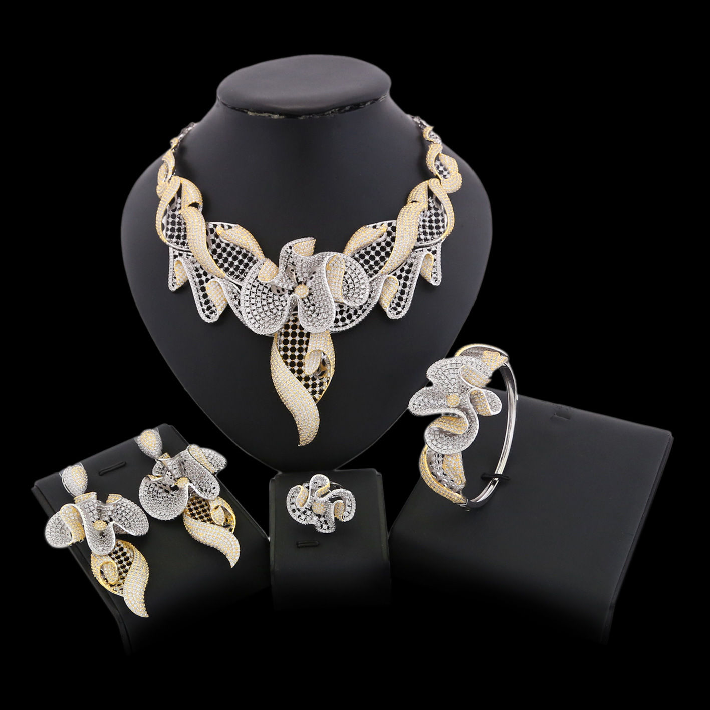 欧美简约真金美国钻珠宝套装项链手镯耳环戒指四件套厂家直销