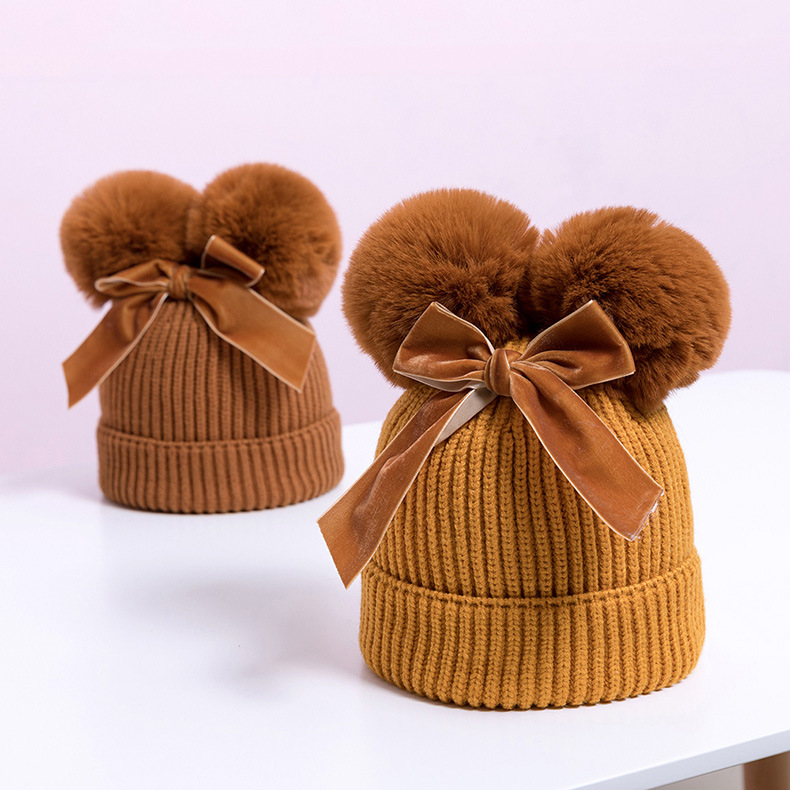 Double Ball Bowknot Cross-Border Preferred Baby Cap Wool Children's Hat Autumn and Winter Thickening Baby Hat Children's Knitted Hat